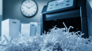 Durabilidad de una trituradora de papel en oficina moderna, simbolizando el paso del tiempo con pila de papel triturado y un reloj de fondo