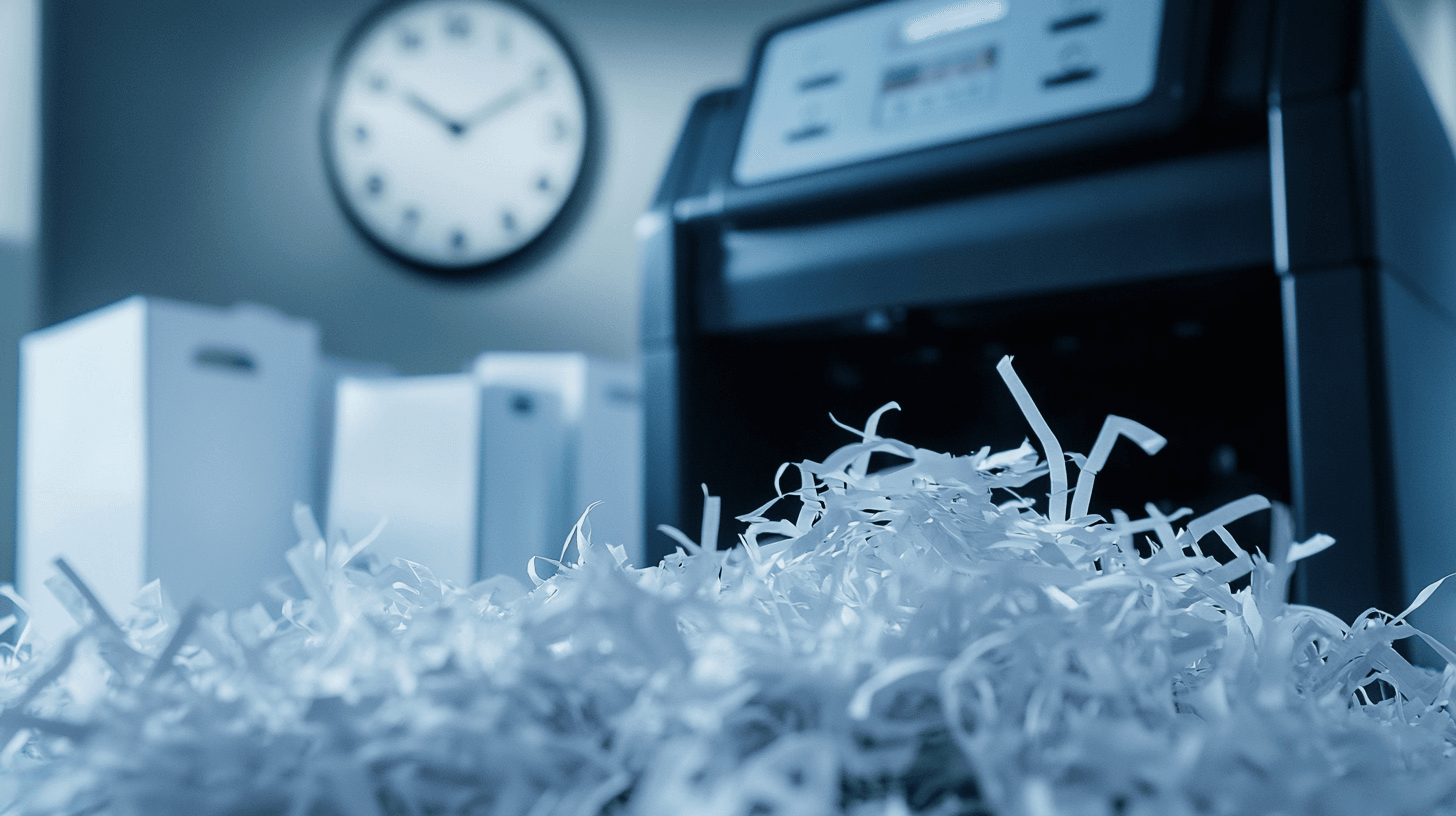 Durabilidad de una trituradora de papel en oficina moderna, simbolizando el paso del tiempo con pila de papel triturado y un reloj de fondo