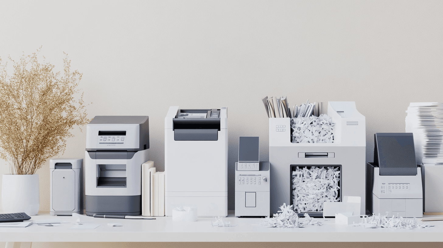 Cómo elegir la mejor trituradora de papel, comparación de modelos modernos en un escritorio, mostrando tamaños y funciones ideales para oficina o hogar