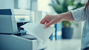 Cómo usar una trituradora de papel moderna en una oficina, persona insertando una hoja, destacando uso eficiente y seguro