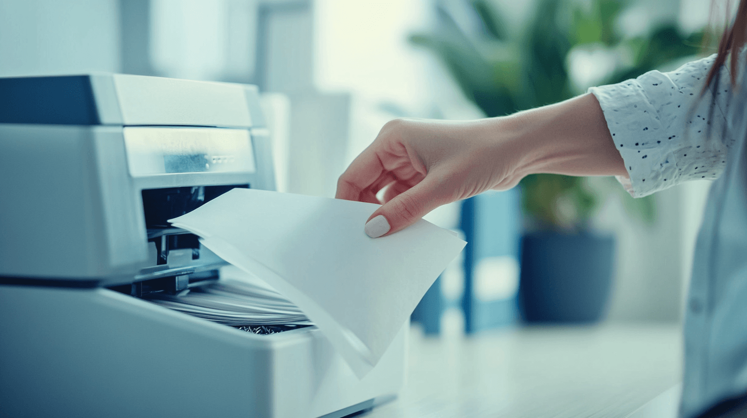 Cómo usar una trituradora de papel moderna en una oficina, persona insertando una hoja, destacando uso eficiente y seguro