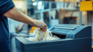 Persona realizando el mantenimiento de una trituradora de papel en una oficina profesional, aplicando aceite a las cuchillas para garantizar su durabilidad y eficiencia. Imagen que resalta la importancia del cuidado y la prevención en el funcionamiento de la máquina