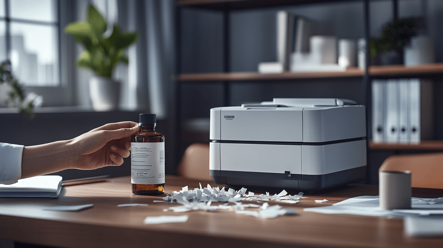 Cómo lubricar las cuchillas de una trituradora de papel con aceite. Una botella de aceite para trituradoras de papel colocada junto a una trituradora sobre un escritorio muestra la forma correcta de aplicar el aceite para lograr un rendimiento óptimo de la máquina. La escena resalta la importancia del mantenimiento regular para prolongar la vida útil de las trituradoras de papel.