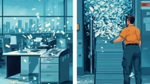 Comparacion entre destrucción en oficina e industrial Imagen dividida mostrando una trituradora de papel en una oficina versus una máquina industrial destruyendo grandes volúmenes de documentos. Comparación de métodos de eliminación segura de archivos.