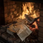 Quema de documentos Papeles con información confidencial ardiendo en una chimenea, con llamas consumiendo textos como "Clasificado" y "Información sensible". Método de eliminación de documentos privados.