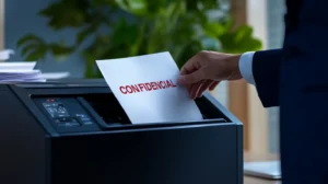 Persona introduciendo un papel con la palabra "CONFIDENCIAL" en una trituradora de papel en una oficina. Seguridad en la destrucción de documentos importantes.
