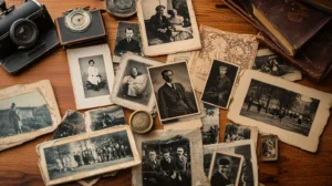 ¿Puedo poner fotos en una trituradora de papel?. Varias fotografías antiguas en blanco y negro esparcidas sobre una mesa de madera envejecida, mostrando retratos familiares y paisajes históricos con bordes desgastados y señales de deterioro. La mejor trituradora de papel para destruir fotos familiares y como destruir fotos de papel