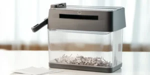 Trituradora de papel manual de plástico ABS para oficina y hogar, diseño compacto con manivela, corte en tiras o microcorte, y base antideslizante. Ideal para papel A4 y A6, fácil de usar y con depósito de 1L.