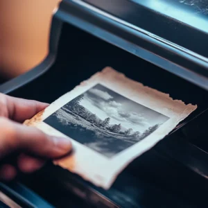 triturar-foto Mano insertando una fotografía antigua en blanco y negro de un paisaje en una trituradora de papel, con tiras de papel cayendo en el contenedor, simbolizando la destrucción de recuerdos no deseados.