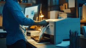 Destructora de papel profesional para oficina con gran capacidad y controles intuitivos, mostrada en un entorno de oficina moderno, simbolizando eficiencia y seguridad en el manejo de documentos confidenciales. Mejor trituradora de papel profesional para oficina