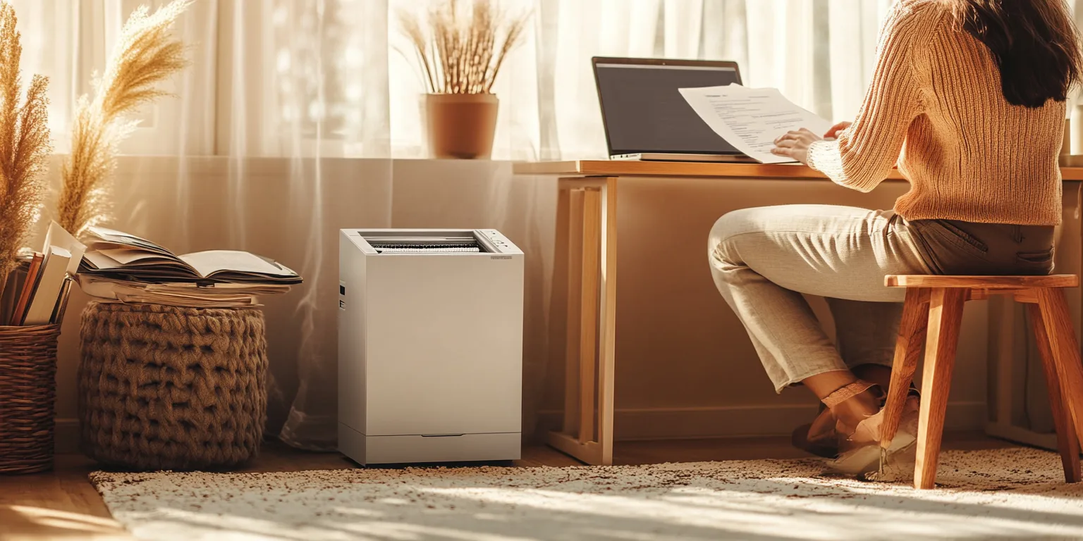 Imagen de una trituradora de papel Amazon Basics diseñada para uso doméstico, mostrando su diseño compacto y funcionalidad. Esta destructora de papel Amazon es ideal para la eliminación segura de documentos personales, garantizando la privacidad del usuario. La trituradora de papel en Amazon es perfecta para quienes buscan una solución eficiente para destruir papeles en casa.