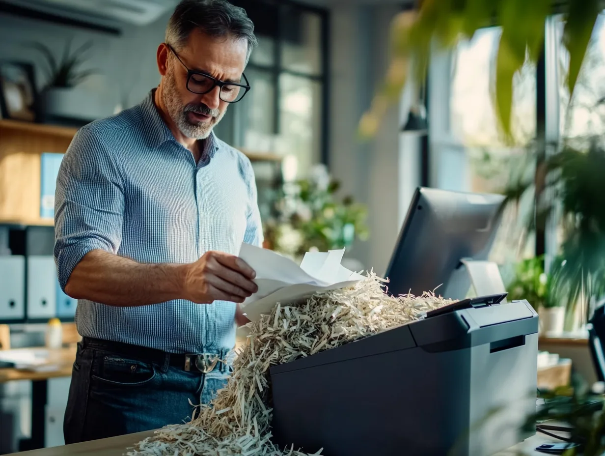 Imagen de una destructora de papel profesional Amazon Basics, adecuada para entornos de oficina. Este modelo de destructora de documentos Amazon ofrece un rendimiento superior y una capacidad de destrucción de alto volumen. Ideal para empresas que requieren una gestión segura de documentos confidenciales, la destructora de papel Amazon Basic es la opción perfecta para mantener la privacidad.