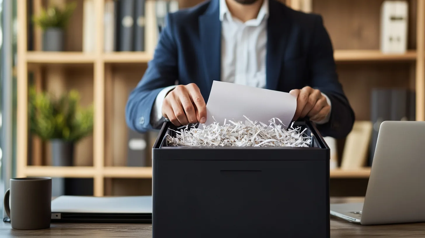 Profesional en oficina utilizando una trituradora de papel Fellowes LX210 en su escritorio, destruyendo documentos confidenciales. Oficina moderna con escritorio organizado y luz natural. Ideal para mantener la seguridad de la información en el trabajo.