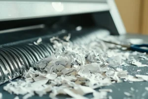 Trituradora de papel con papel atascado en las cuchillas, mostrando trozos de papel mal triturados y arrugados atorados en la entrada de la máquina. La imagen ilustra la importancia de mantener las cuchillas afiladas para evitar atascos y mejorar el rendimiento. La trituradora está sobre un escritorio, con hojas de papel intactas y herramientas como tijeras cerca, sugiriendo un intento de resolver el problema. Relacionado con métodos para afilar cuchillas y mantener la trituradora en óptimas condiciones.