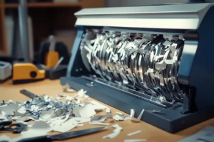 Cuchillas desgastadas y desafiladas dentro de una trituradora de papel abierta, mostrando rayones y bordes deteriorados. La trituradora está sobre un escritorio con trozos de papel mal triturados alrededor, junto a herramientas como un destornillador y una llave, indicando la necesidad de mantenimiento o reemplazo de las cuchillas.